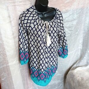 Nouvida Multicolored blouse, tunic, navy, cream, teal, pink, sz M